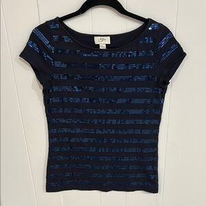 LOFT Blue Fitted Sequin Short Sleeve Tee S
